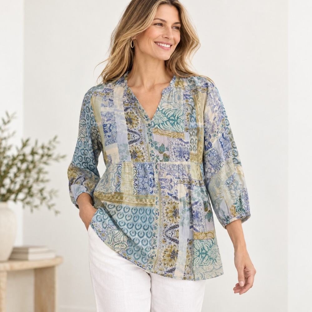 J.Jill XS Petite Patchwork Paisley Floral Rayon Tunic Blouse Boho 3/4 Sleeve